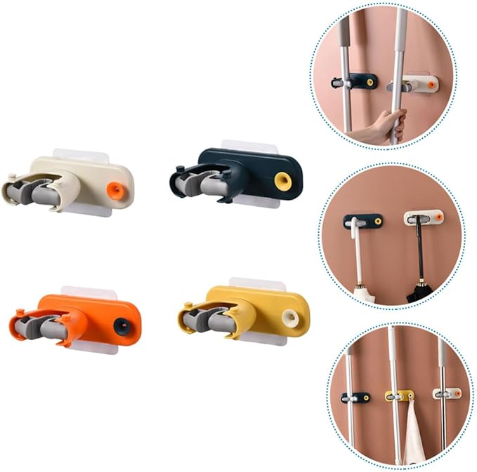 ABOOFAN 4pcs Self-adhesive Mop Broom Holder Wall-mounted Storage Rack Microfiber Fixator No Drilling in Yellow Orange Blue Beige