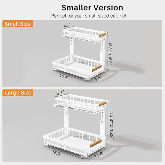 PXRACK 2 Pack Under Sink Organizer,Adjustable Height,2 Tier Pull Out Under Cabinet Organizer,Slide Out Thickened Metal Under Sink Storage for Kitchen Bathroom Laundry Cabinet Pantry,White(S)