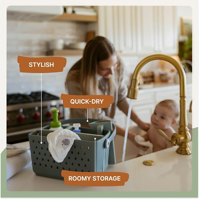 Parker Baby Bath Caddy | BPA Free & Food Grade Shower Caddy Organizer for Toys & Supplies | Quick-Dry, Sturdy & Perfect Size Shower Basket w/Handle in Neutral Colors