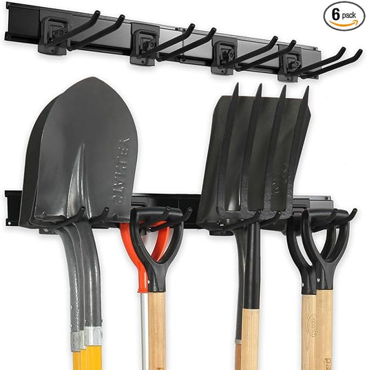 Garage Organization Wall Mount, 32inch Garden Tool Organizer With 6 Clamping Hooks, Heavy Duty, Garage Hanging Storage Rack For Yard Tools, Shovel, Shed, Hold Up to 300lbs (32Inch Black)