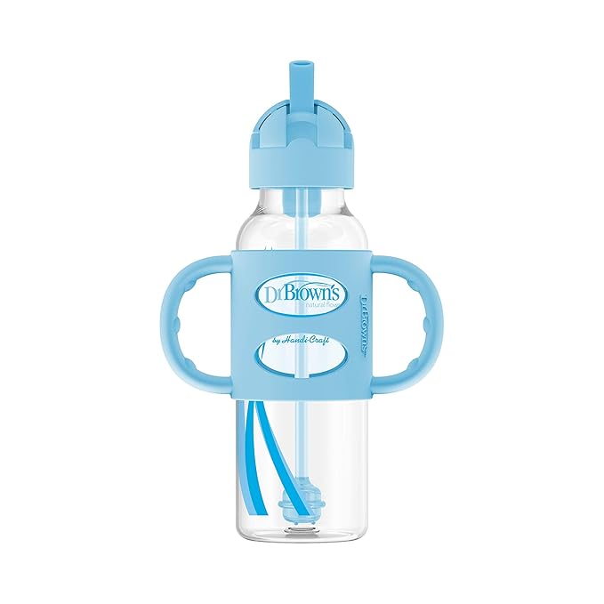 Dr. Brown's Milestones Narrow Sippy Straw Bottle, Spill-Proof with 100% Silicone Handles and Weighted Straw, 8 oz/250 mL, Blue/Gray, 6m+