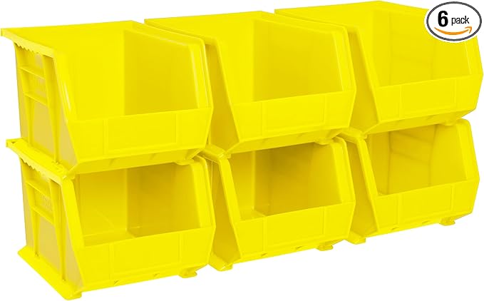 Akro-Mils 30239 AkroBins Plastic Storage Bins, Space-Saving Stackable Bins for Garage, Pantry, Craft Organization, 11-" x 8-" x 7-", Yellow, 6-Pack