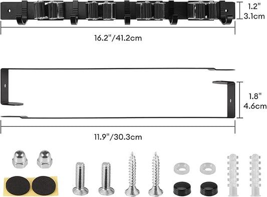 SLIIMU Over Door Movable Broom and Mop Hanging Holder with Sliding 4 Rack 5 Hook, Metal Mop and Broom Holder Wall Mount with 2 Over Door Hook, Door Mount Storage Organizer for Closet Garage Laundry