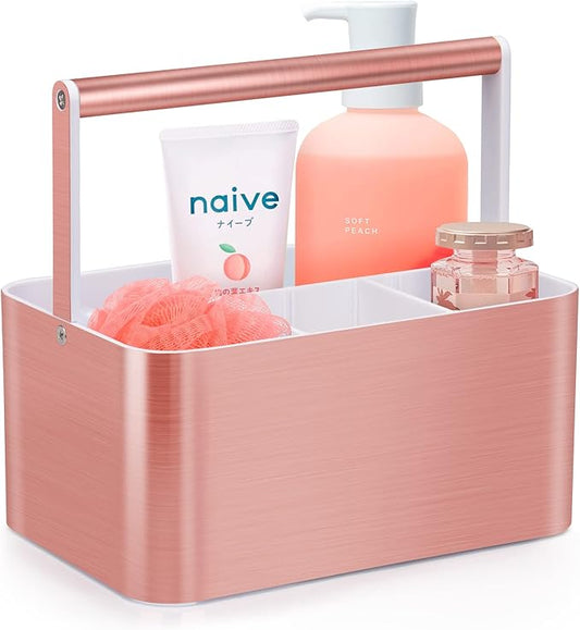 Compact Shower Caddy Dorm - Portable Bathroom Caddy Organizer with Handle and Adjustable Divider for College Dorm & Shared Bathroom, Hard Plastic Shower Basket Tote for Toiletry Drainage, Pink