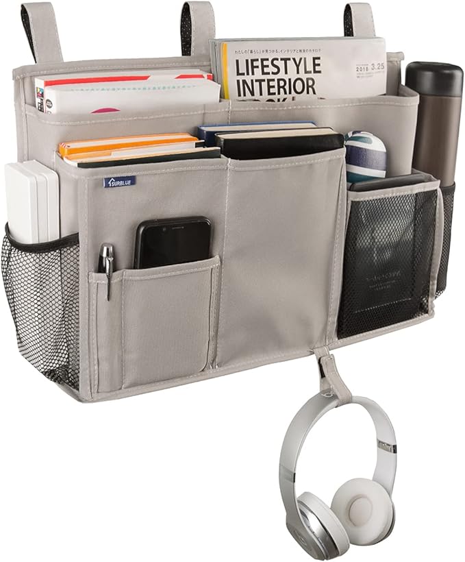 Surblue Bedside Caddy Hanging Bed Organizer Storage Bag Pocket for Bunk and Hospital Beds, College Dorm Rooms Baby Bed Rails,Camp (8 Pockets),Gray