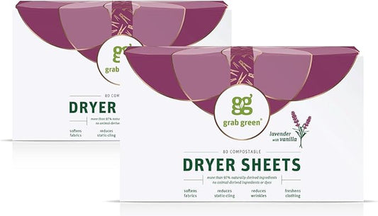 Grab Green Dryer Sheets, 160 Sheets, Lavender Vanilla Scent, Plant Based, Softens Fabrics, Reduces Static Cling and Wrinkles