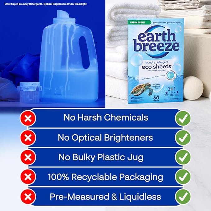 Earth Breeze Laundry Detergent Sheets Fresh Scent - 60 Loads per package. Eco Liquidless Soap - Travel-Friendly for Hot & Cold Cycles, Tackles Tough Stains & Odors - Gentle on Skin, 30 sheets (3 Pack)