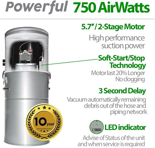 OVO Heavy Duty Powerful Central Vacuum System, Hybrid Filtration (with or Without Disposable Bags) 35L or 9.25Gal, 750 Airwatts with 40ft Deluxe Plus Accessory kit Included