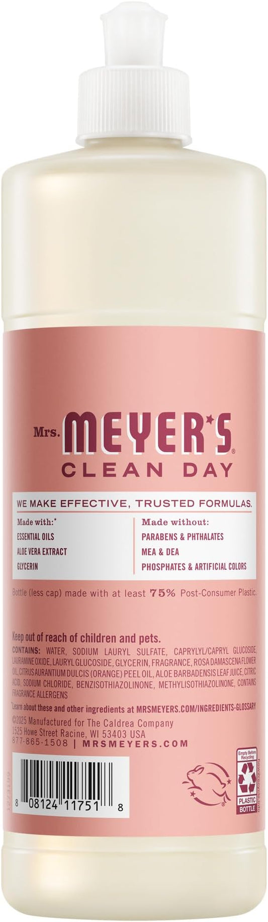 MRS. MEYER'S CLEAN DAY Liquid Dish Soap, Rose Scent, 16 Fl Oz Bottle - 3 Pack