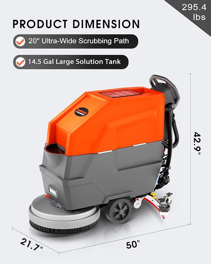 Walk Behind Commercial Floor Scrubber with 20" Ultra-Wide Scrubbing Path,High-pressure Watergun，LED Light，14.5 Gal Large Solution Tank,4 Hours Cordless Working Time,23,700 Sqft/h