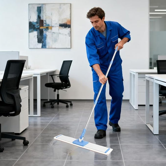 CQT Commercial Flat Microfiber Floor Mop Cleaning System 24" Inch Wet Dry and Dust Hardwood with 4 Washable Pads Cleaner for Laminate Tile Stainless Steel Handle and Extension (Blue)