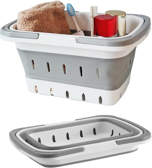 Portable Folding Plastic Bath Caddy with Handle, Perforated, Travel Bathroom Organizer for Bedroom, Bathroom, Shower, Dorm Room, Camping and RV Use (Grey, 1 pack)
