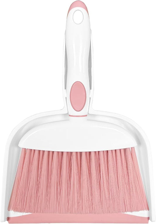 Mini Broom and Dustpan Set Small Broom with Dustpan Combo Set Portable Cleaning Tools for Home Office RV Learning Camping (White+Pink)