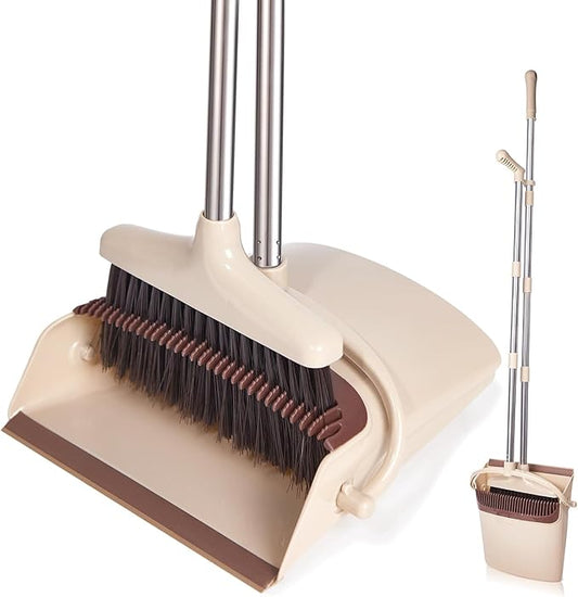 Broom and Dustpan Set with Long Handle, Light Weight Stainless Steel Poles Stand Upright Dustpans with Broom Combo for Home Kitchen Office Pet Dog Hair, Brown & Beige Color, 1-Pack