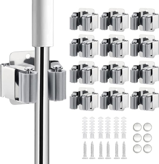 12PCS Broom and Mop Holder, Heavy Duty Garden Tool Organizer Rack Rake and Shovel Handle, Stainless Steel Mop Hanger. Wall Mounted Utility Rack with Screws, Silver