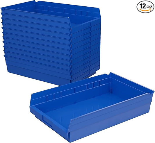 Akro-Mils 30178 Plastic Shelf Bins, Heavy Duty Storage Bins for Garage, Closet, and Drawer Organization, 18-Inch x 11-Inch x 4-Inch, Blue, 12-Pack