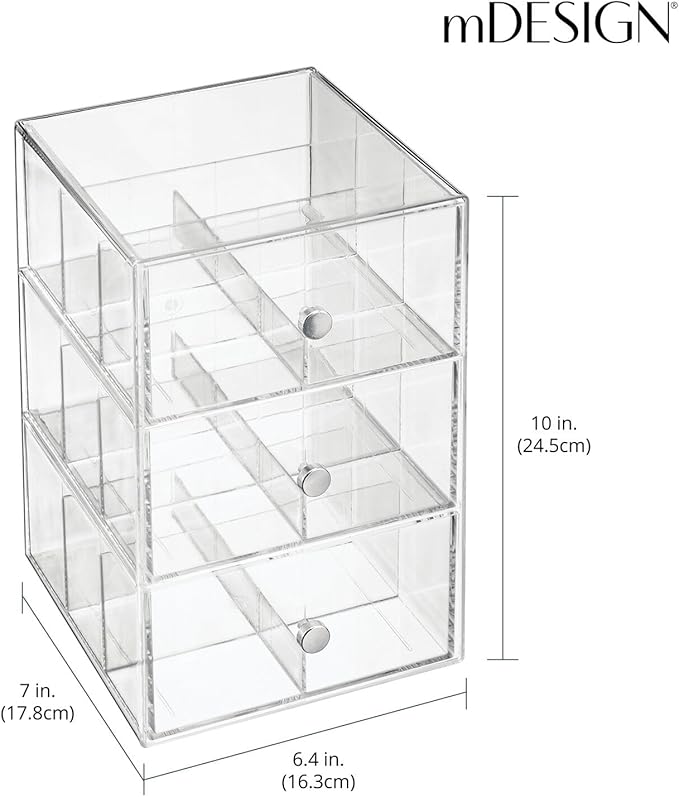 mDesign Plastic Wide Kitchen Pantry, Cabinet, Countertop Organizer Storage Station with 3 Drawers for Coffee, Tea, Sugar Packets, Sweeteners, Creamers, Drink Pods, Packets; 18 Sections - Clear