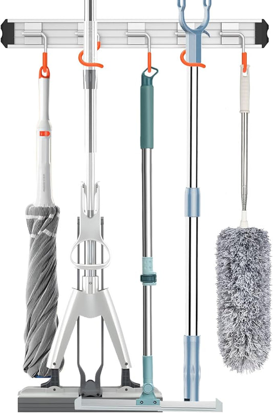 QcoQce Broom Holder Wall Mounted Garden Tool Rack Organizer, Modern Style,Movable Aluminum Alloy Wall Mounted Hook 1 Pack,Storage Gift for Bathroom,Closet,Laundry Room,Garage,Tool Room(Orange)