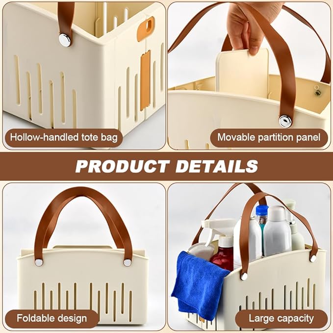 Portable Shower Caddy with Cleaning Sponge, Foldable Shower Storage Basket with Handle and Adjustable Divider, Quick Dry Bathroom Organizer Bin for Bathroom,Dorm,College,Camp,Travel(COLOR:Cream)