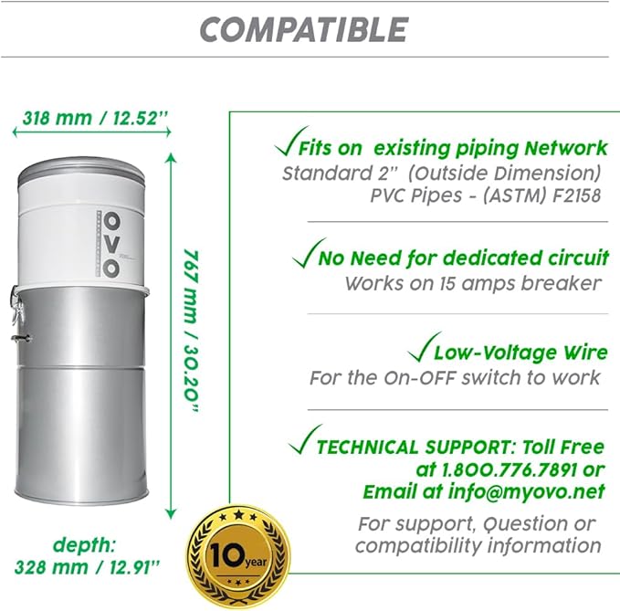 OVO Heavy Duty Powerful Central Vacuum System, Hybrid Filtration (with or Without Disposable Bags) 35L or 9.25Gal, 750 Airwatts with 40ft Deluxe Accessory kit Included
