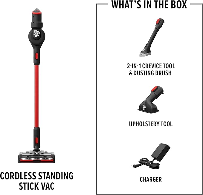 Dirt Devil Self-Standing Cordless Stick Vacuum Cleaner with Included Tools, for Carpet and Hard Floors, Lightweight Design, Powerful Suction, LED Headlights, BD57000V, Black