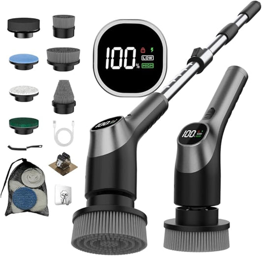 WKY-G3-Electric Spin Scrubber - Upgraded 10-in-1 IPX7 Waterproof Shower Cleaner Brush, Retractable Handle & 2-Speed for Toilet, Bathroom, Bathtub, Tile Floors Black