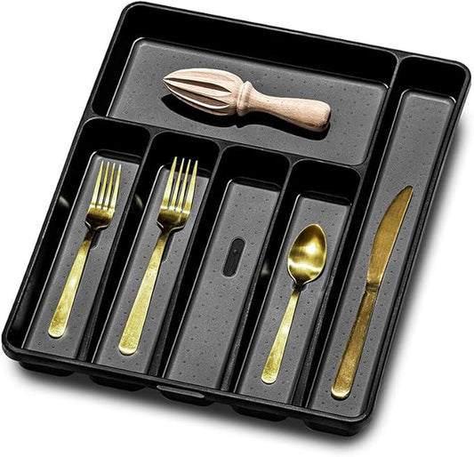 madesmart Premium Silverware Tray, 6 Compartment Flatware Organizer for Forks, Knives & Spoons, Non Slip, Soft Grip Lining, Durable Drawer Organizer, Black