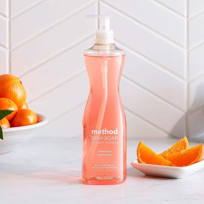 Method Gel Dish Soap, Clementine Scent, Tough on Grease & Stuck-on Food, Cruelty Free Formula, Made with Recycled Plastic, 18 Fl Oz