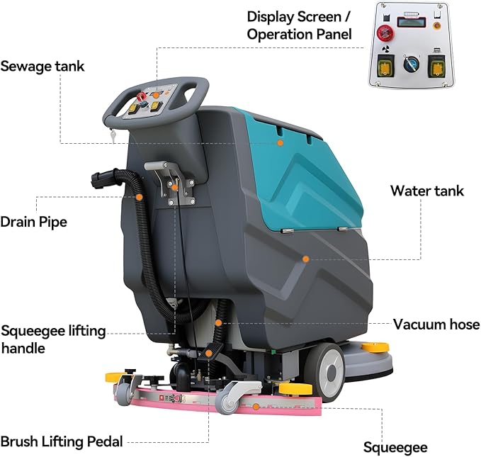 Walk-behind Floor Scrubber Machine, 22" Cleaning Width, 31.5" Suction Width, 18.5-gal Sewage Tank, 15.9-Clear water tank, 32000 Sqft/h, Complete Set of Parts