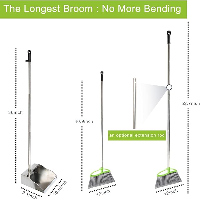 Heavy Duty Broom and Dustpan Set, Metal Stand Up Dustpan with Outdoor Stiff Bristles Broom for Hardwood Patio Floor Sweeping