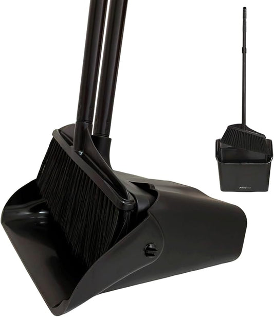 Broom and Dustpan Set with Long Handle and Wheels, Upright Standing Heavy Duty Large Dust Pan and Broom Combo for Indoor Outdoor, Kitchen, Garage, Restaurant Cleaning – Black