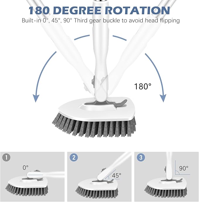 SetSail Floor Scrub Brush, 3-in-1 Tile Tub Floor Scrubber with 52-inch Adjustable Long Handle Shower Cleaner Brush and 3 Detachable Replacement Brush Heads for Cleaning Bathroom Tub Tile, White