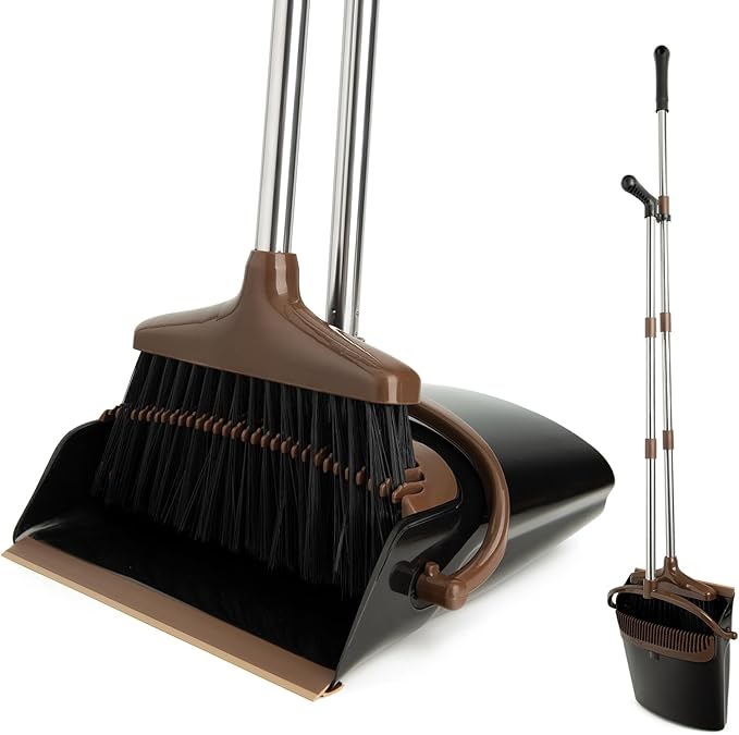 Broom and Dustpan Set with Long Handle, Light Weight Stainless Steel Poles Stand Upright Dustpans with Broom Combo for Home Kitchen Office Pet Dog Hair, 1-Pack (Black Brown)