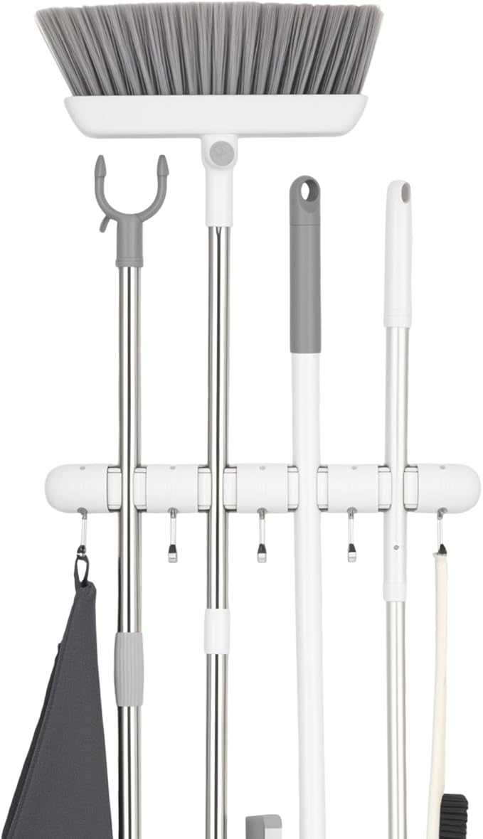 OTraki Broom Holder Wall Mount, Heavy Duty Wood Mop and Broom Organizer with 5 Slots and 4 Hooks, Garden Tool Hanger for Laundry Room Closet Kitchen Garage Storage and Organization