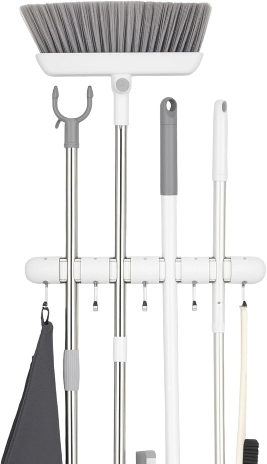 OTraki Broom Holder Wall Mount, Heavy Duty Wood Mop and Broom Organizer with 5 Slots and 4 Hooks, Garden Tool Hanger for Laundry Room Closet Kitchen Garage Storage and Organization