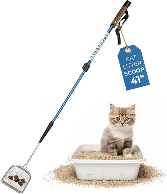 Sand Dipper Metal Cat Litter Scoop – Long Handle Cat Poop Scooper for Litter Box (41”), Heavy-Duty Stainless Steel Kitty Litter Scoop (Mid-Adjustable)
