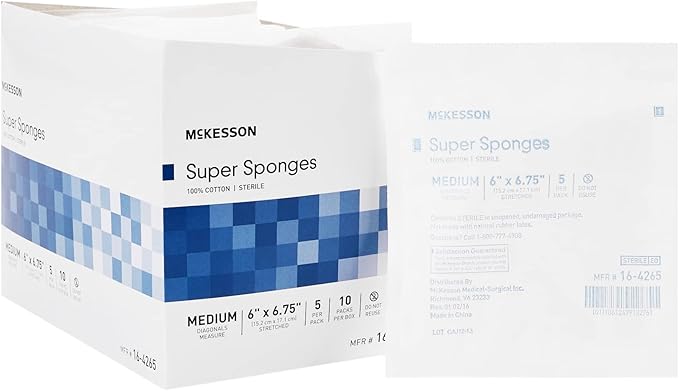 McKesson Super Sponges, Sterile, 100% Cotton, Fluff Dressing, 6 in x 6 3/4in, 5 per Pack, 10 Packs, 50 Total