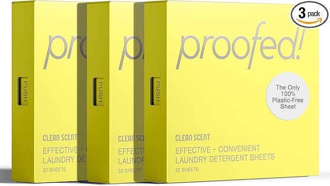 Proofed! Laundry Detergent Sheets, 96 Count, Clean Scent, The Only 100% Plastic-Free Sheet, No PVA or PVOH, Hypoallergenic, Bio-Based Ingredients, Made in USA, 3 Boxes