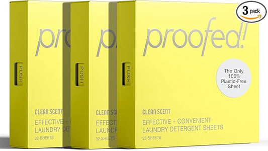 Proofed! Laundry Detergent Sheets, 96 Count, Clean Scent, The Only 100% Plastic-Free Sheet, No PVA or PVOH, Hypoallergenic, Bio-Based Ingredients, Made in USA, 3 Boxes