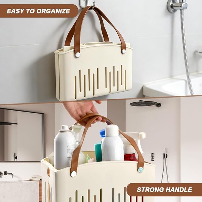Portable Shower Caddy with Cleaning Sponge, Foldable Shower Storage Basket with Handle and Adjustable Divider, Quick Dry Bathroom Organizer Bin for Bathroom,Dorm,College,Camp,Travel(COLOR:Cream)
