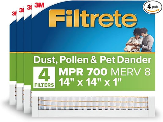 Filtrete 14x14x1 Air Filter, MERV 8, MPR 700, Dust, Pollen & Pet Dander Reduction, 3-Month AC and Furnace Filter, Easy on Air Flow, 4 HVAC Filters (Actual Size 13.688 x 13.688 x 0.78 in)