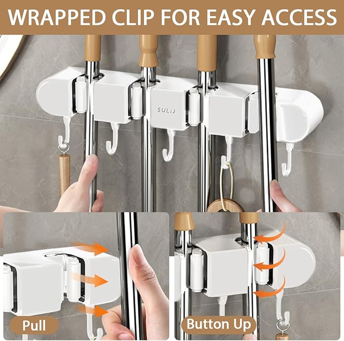Mop Broom Holder Wall Mounted, 5 Racks and 4 Hooks Punch Free Mop and Broom Holder Wall Mount Broom Rack, Heavy Duty Hooks Self Adhesive Solid Non-slip for Home Kitchen Garden Laundry (2, White)