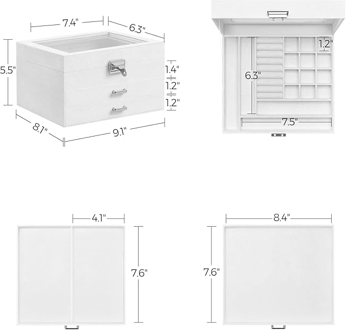 SONGMICS Jewelry Box, Lockable Jewelry Storage Organizer, Jewelry Case with Glass Window, for Rings, Earrings, Studs, Bracelets, Necklaces, White UJBC158W01