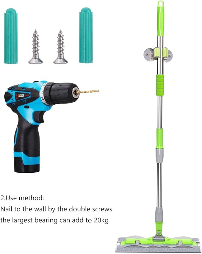 Stainless Steel Mop and Broom Holder, Dual-Purpose Wall Mounted Mop Broom Organizer with 2 Pcs 3M Self Adhesive and Double Screws,Bathroom Kitchen Organizer Rack with Spring Clip Design
