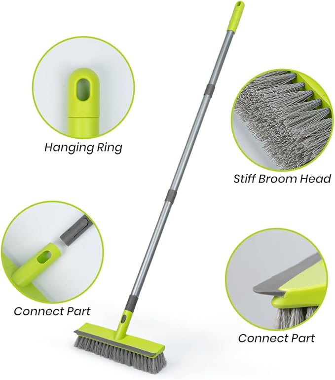 Floor Scrub Brush 2 in 1 Scrape and Stiff Bristle Deck Brush for Cleaning Concrete, Patio, Garage, Kitchen, Carpet and Bathroom 57" Long Handle