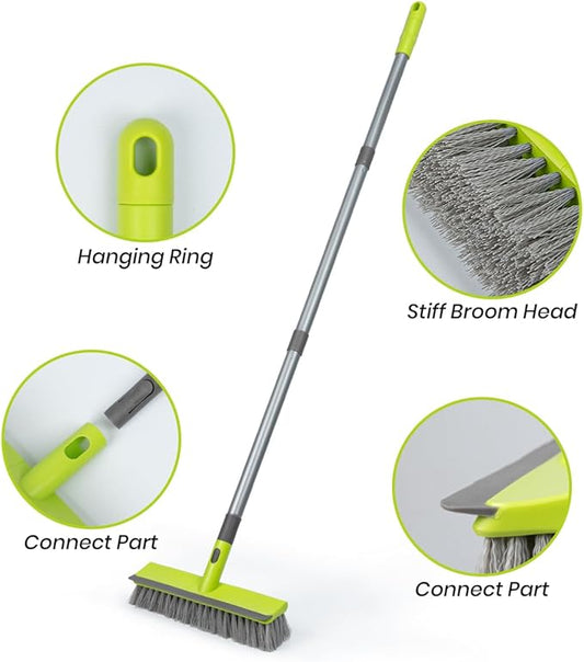 Floor Scrub Brush 2 in 1 Scrape and Stiff Bristle Deck Brush for Cleaning Concrete, Patio, Garage, Kitchen, Carpet and Bathroom 57" Long Handle