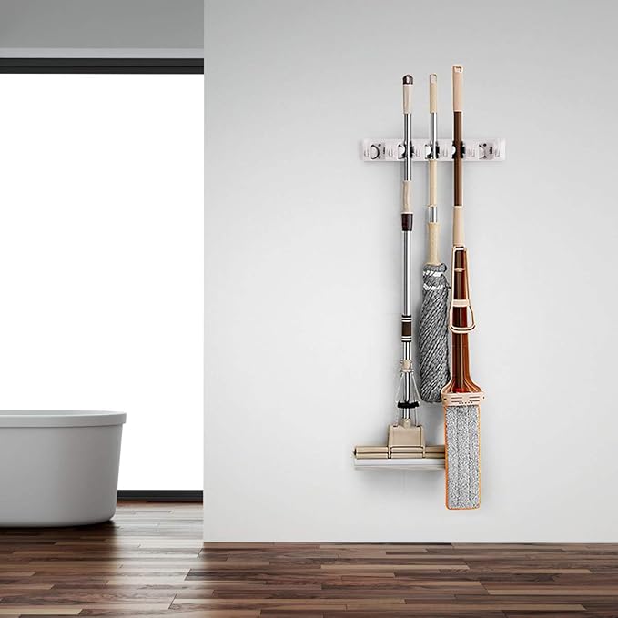 Tangkula Wall Mount Mop Broom Holder, Hanging Broom Organizer w/ 5 Slots & 6 Hooks, Home Storage Organizer Rack, Hanging Utility Rack for Home, Kitchen, Garage, Laundry (White)