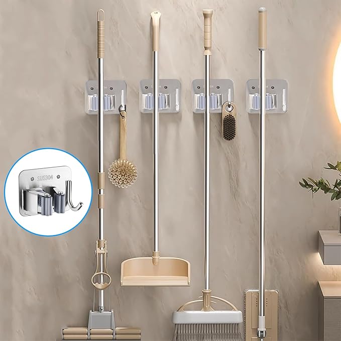 5 Pack Mop Broom Holder Wall Mount Screw Drilling, Stainless Steel Heavy Duty Organizer Hanger Tool Rack for Bathroom Kitchen Garage Laundry Office, Silver