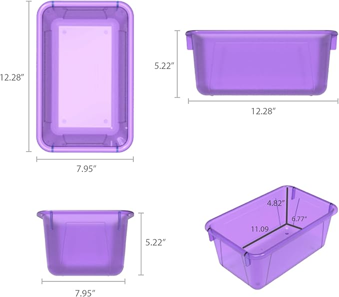 Storex Small Cubby Bins – Plastic Storage Containers for Classroom with Non-Snap Lid, 12.2 x 7.8 x 5.1 inches, Tint Violet, 5-Pack (62484U05C)