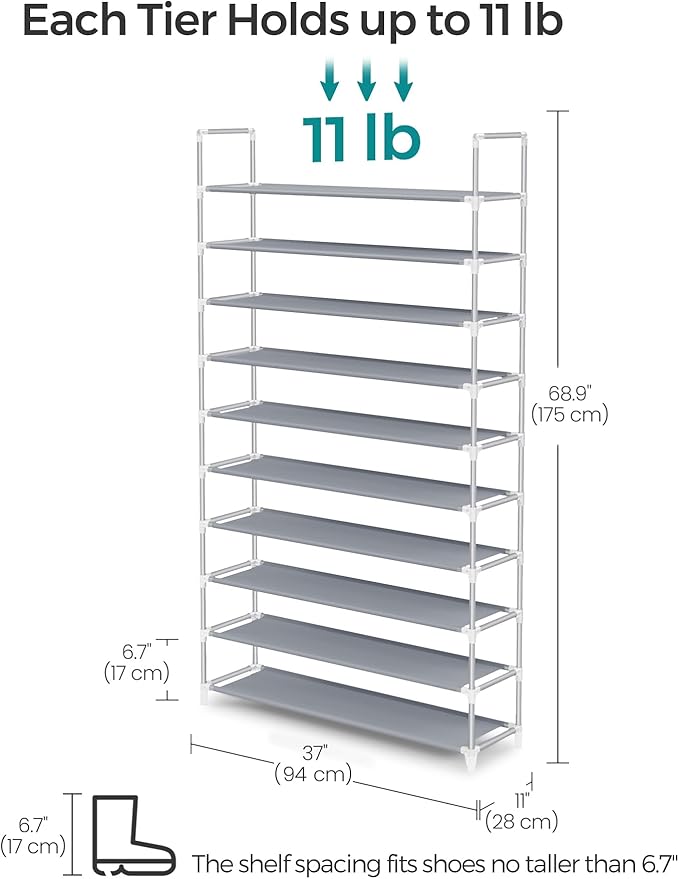 SONGMICS 10-Tier Shoe Rack, Shoe Storage for Hallway Closet, Slim and Space-Saving, Metal Frame, Non-Woven Fabric Shelves, Grey ULSR10G